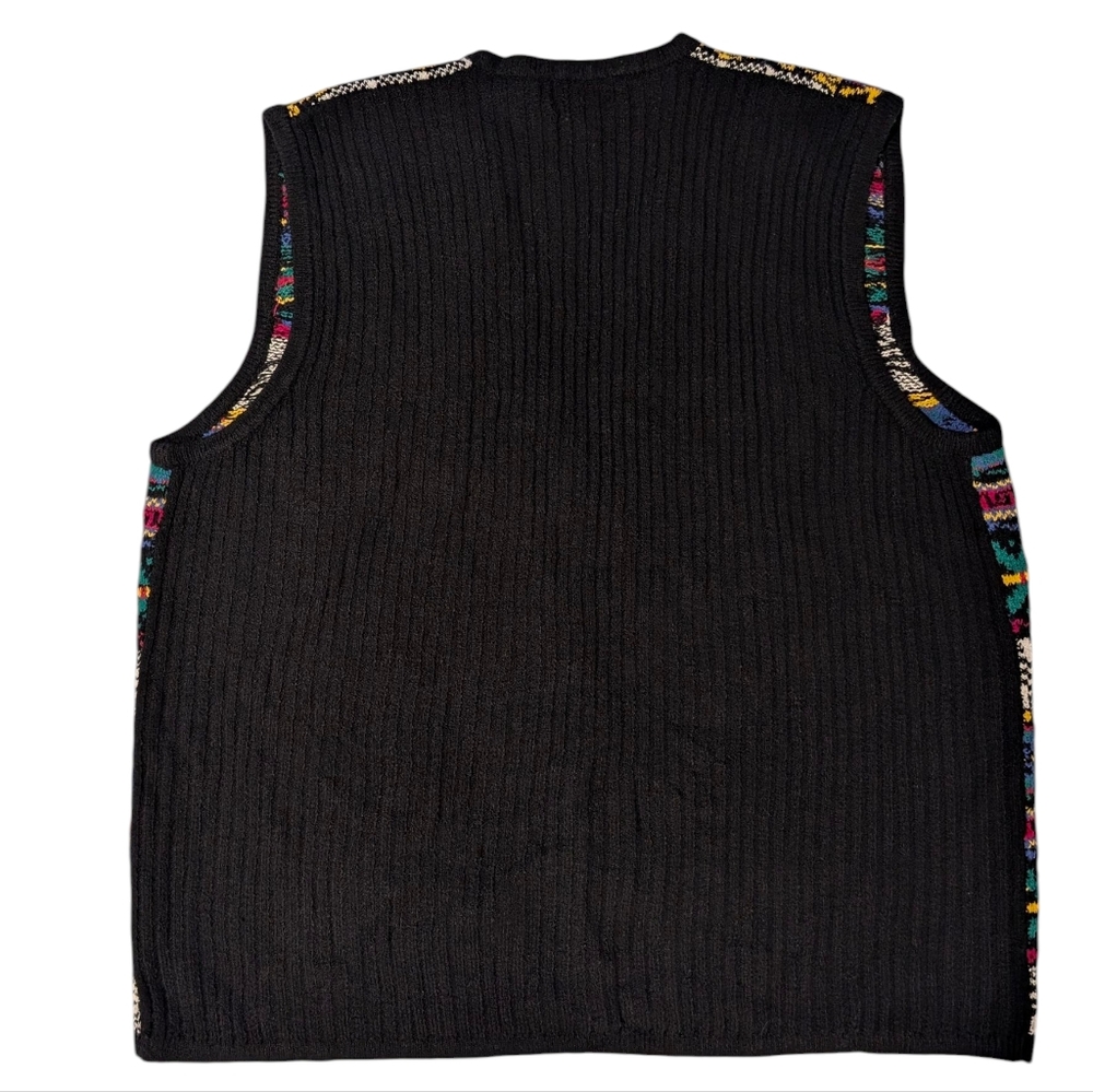 Vintage 90s Koret mixed pattern, V-neck, button up cardigan sweater vest. 1X - Picture 2 of 13